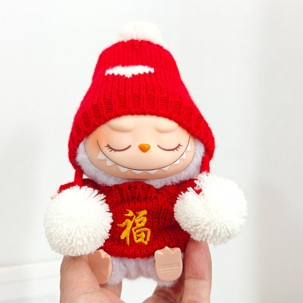 Labubu Doll New Year Red Sweater & Lucky Hat Outfit for 15-17cm Pendant Doll
