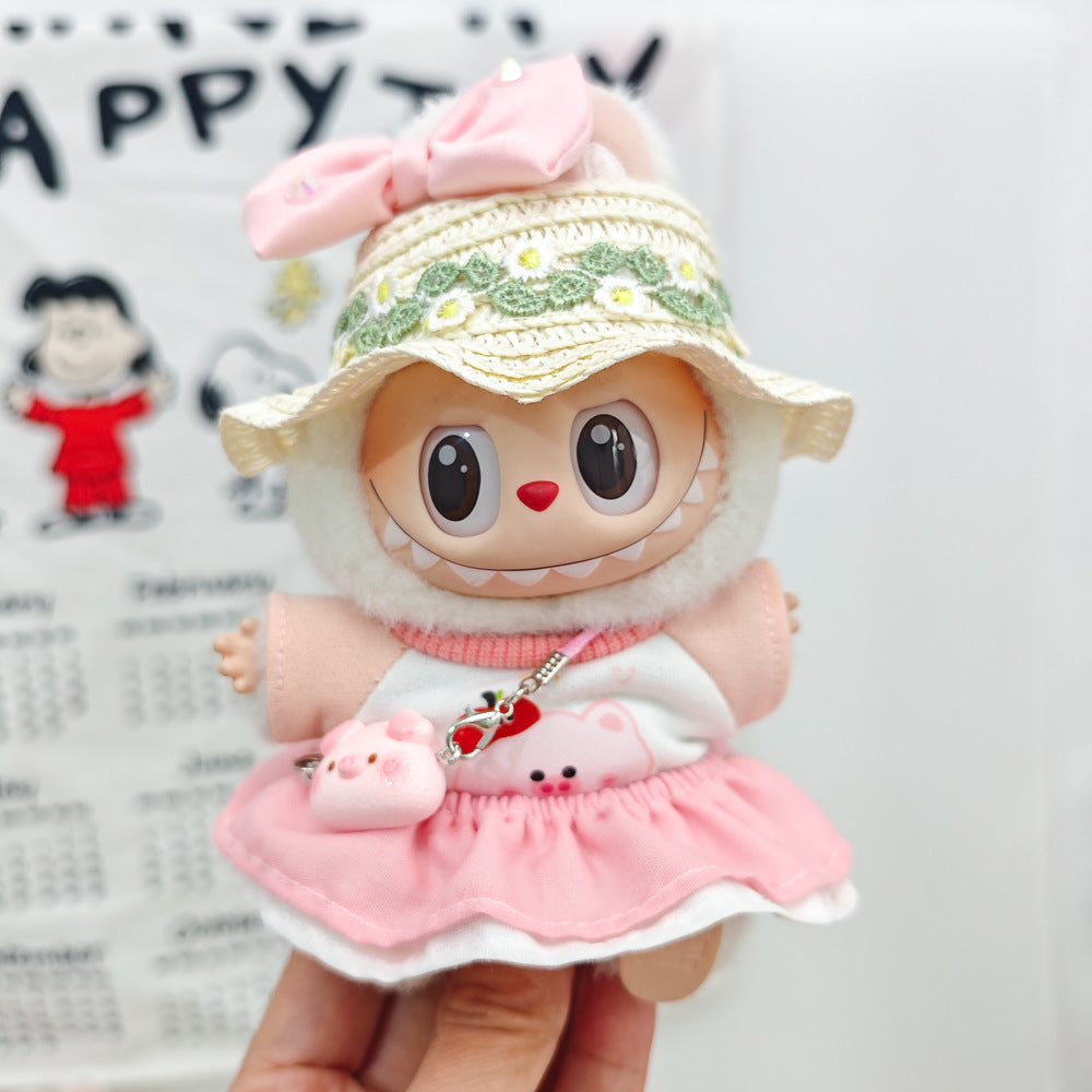Labubu Doll Spring Outfit Set with Straw Hat & Accessories for 17cm Vinyl Doll