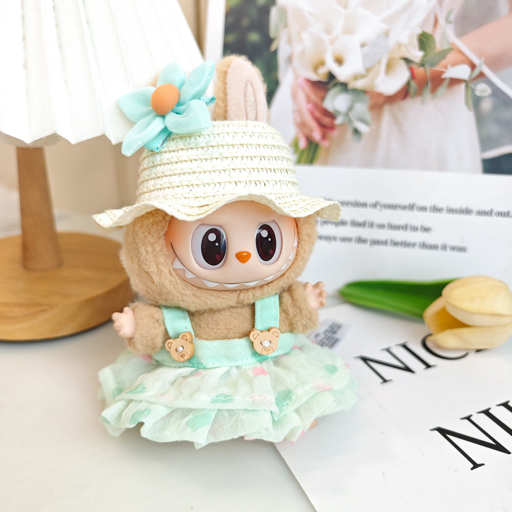 Labubu Doll Summer Outfit with Straw Hat & Accessories for 15cm Vinyl Doll