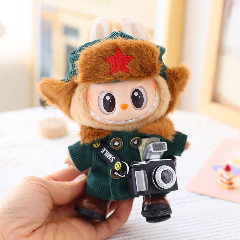 17cm Rab cloth doll first and second generation sitting party labubu doll blind box pendant military coat clothes shoes and hats