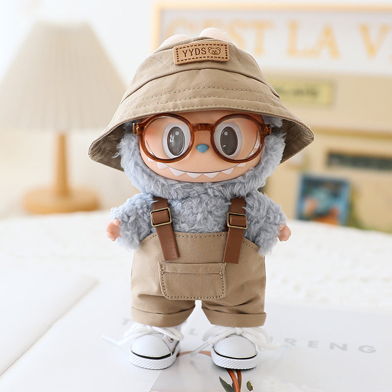 The first and second generation labubu sit party doll clothes the third generation cola vinyl blind box clothes fisherman hat suspenders pants suit