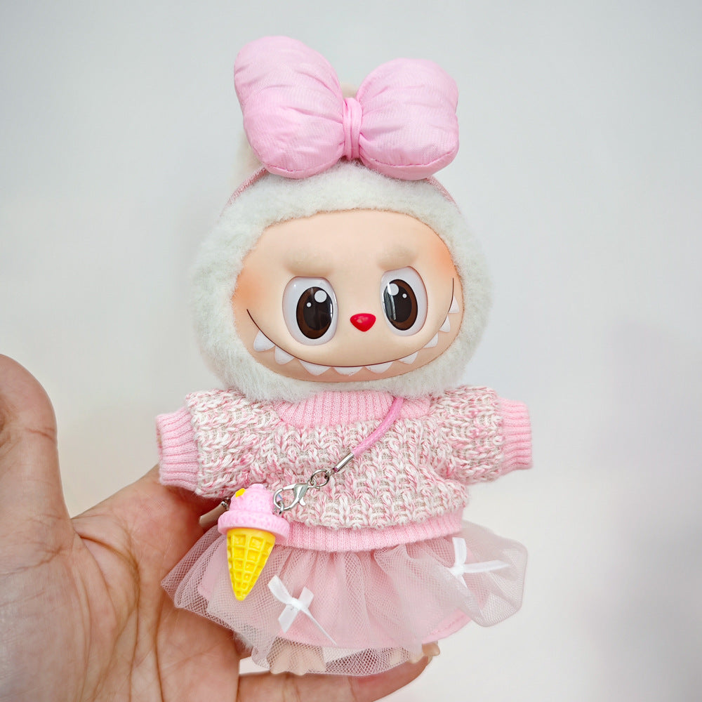 Labubu Doll Outfit Set - Knitted Sweater & Gauze Skirt with Bow Headband