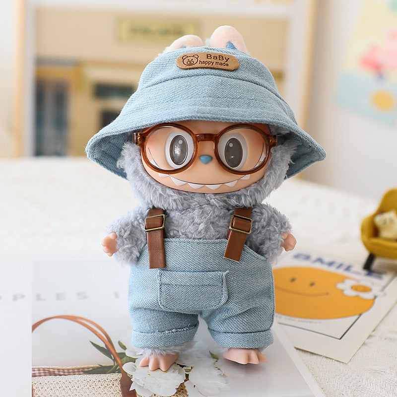 The first and second generation labubu sit party doll clothes the third generation cola vinyl blind box clothes fisherman hat suspenders pants suit