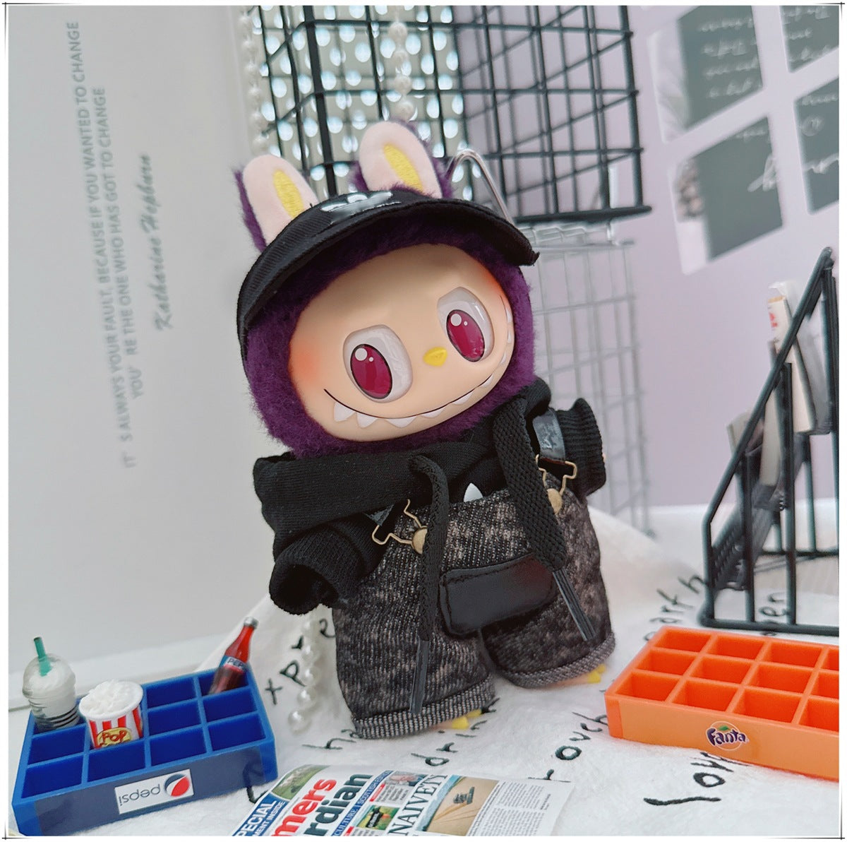 Labubu Doll Outfit - Stylish Denim Overalls & Checkered Bucket Hat for 17cm & 10cm Labubu