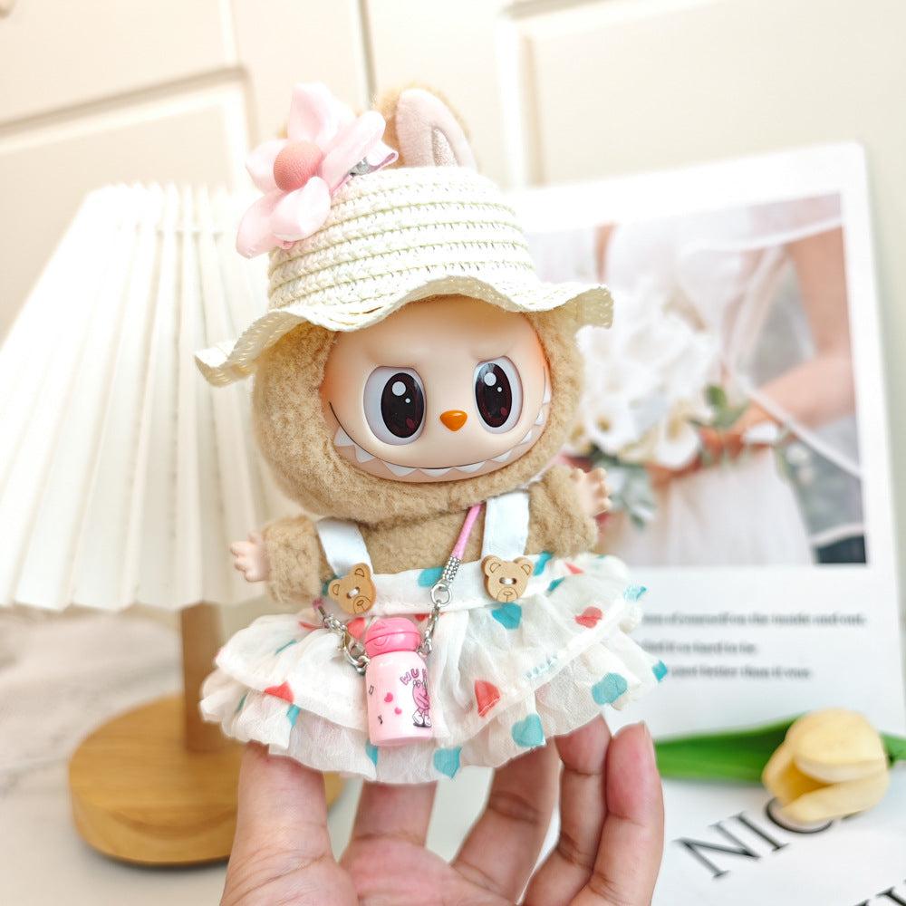 Labubu Doll Summer Outfit with Straw Hat & Accessories for 15cm Vinyl Doll