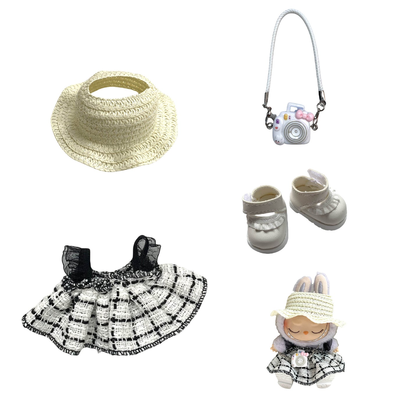 Labubu Doll Chanel Style Strap Dress Outfit for 15/17cm Dolls