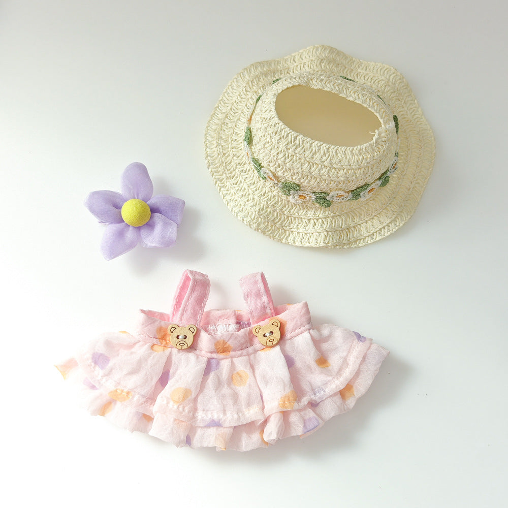Labubu Doll Summer Outfit with Straw Hat & Accessories for 15cm Vinyl Doll