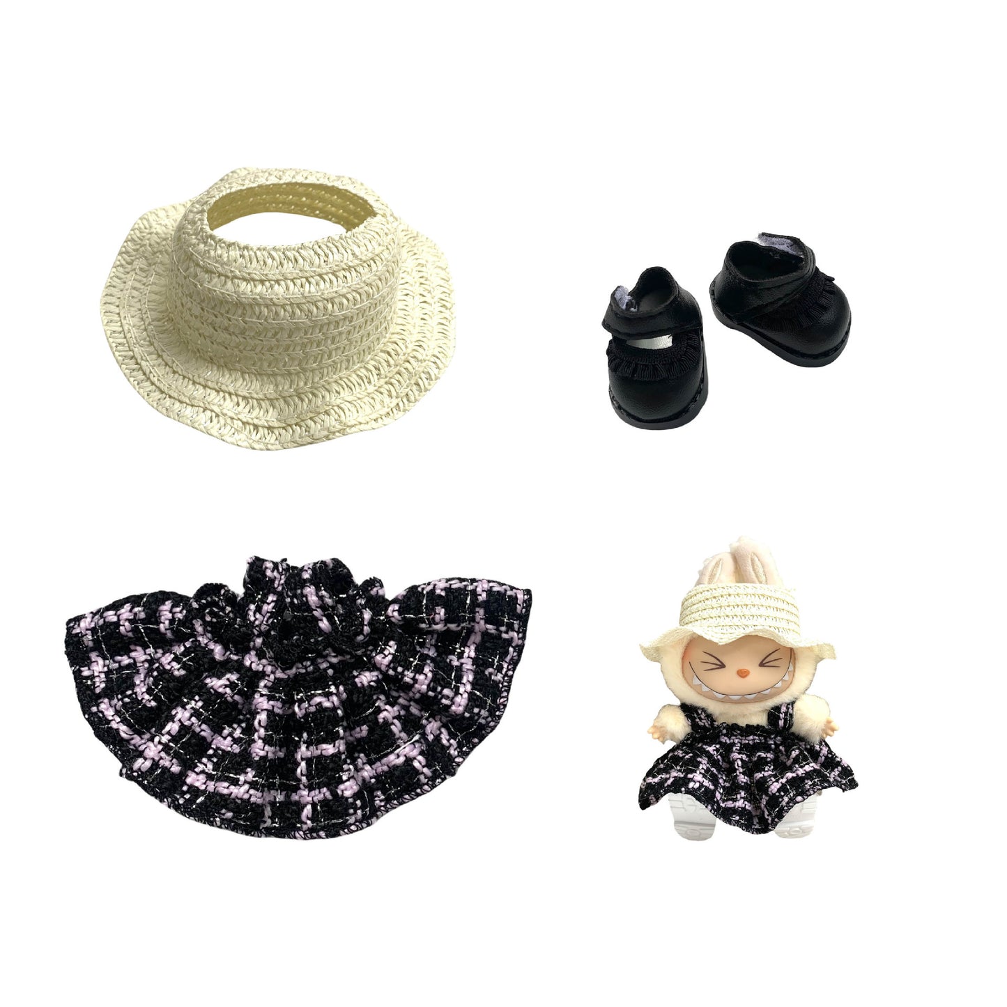 Labubu Doll Chanel Style Strap Dress Outfit for 15/17cm Dolls
