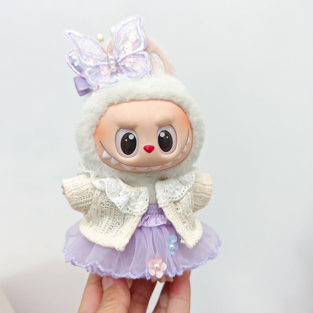 Labubu Doll Outfit - Purple Fairy Skirt & Beige Cardigan for 15-17cm Vinyl Dolls