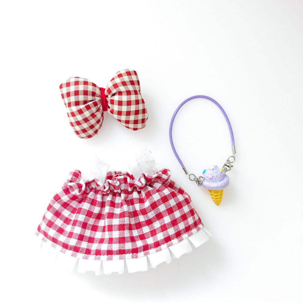 Labubu Doll Outfit - Red Plaid Skirt & Straw Hat for 17cm Vinyl Doll