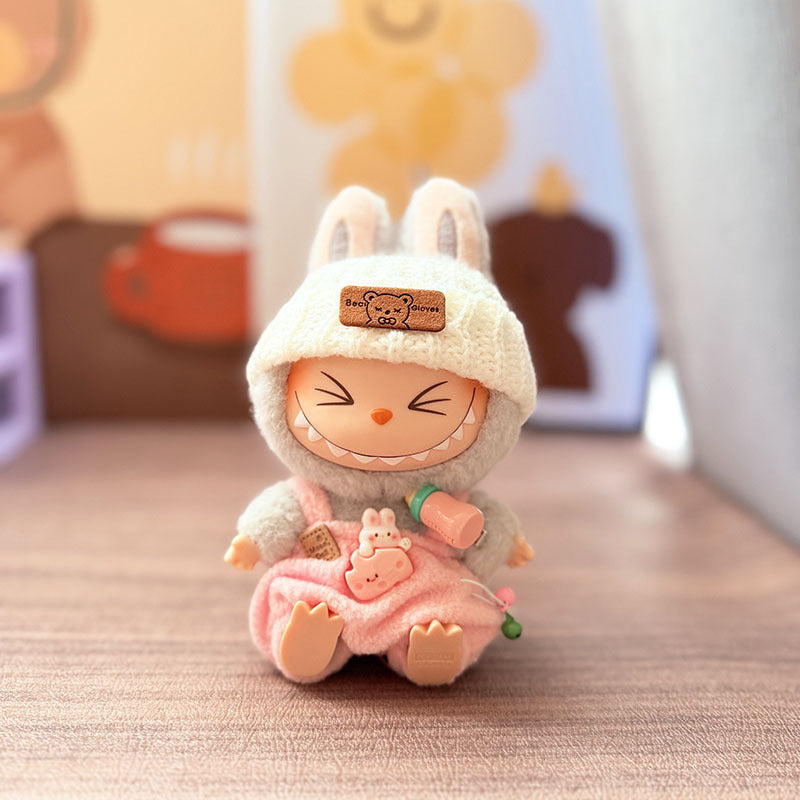 Labubu Doll Overalls Set with Baby Bottle & Hat - Cute Outfit for 1st & 2nd Gen