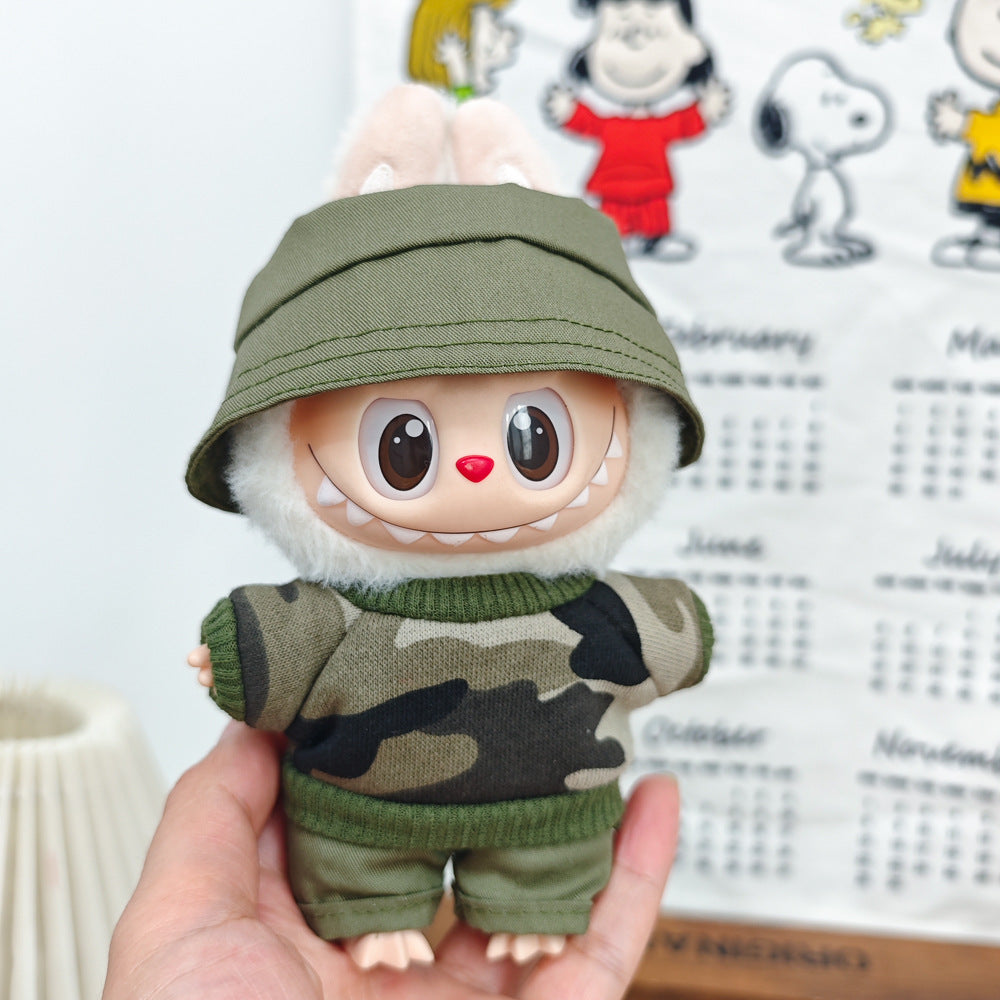 Labubu 17cm Doll Camouflage Outfit with Fisherman Hat & Accessories