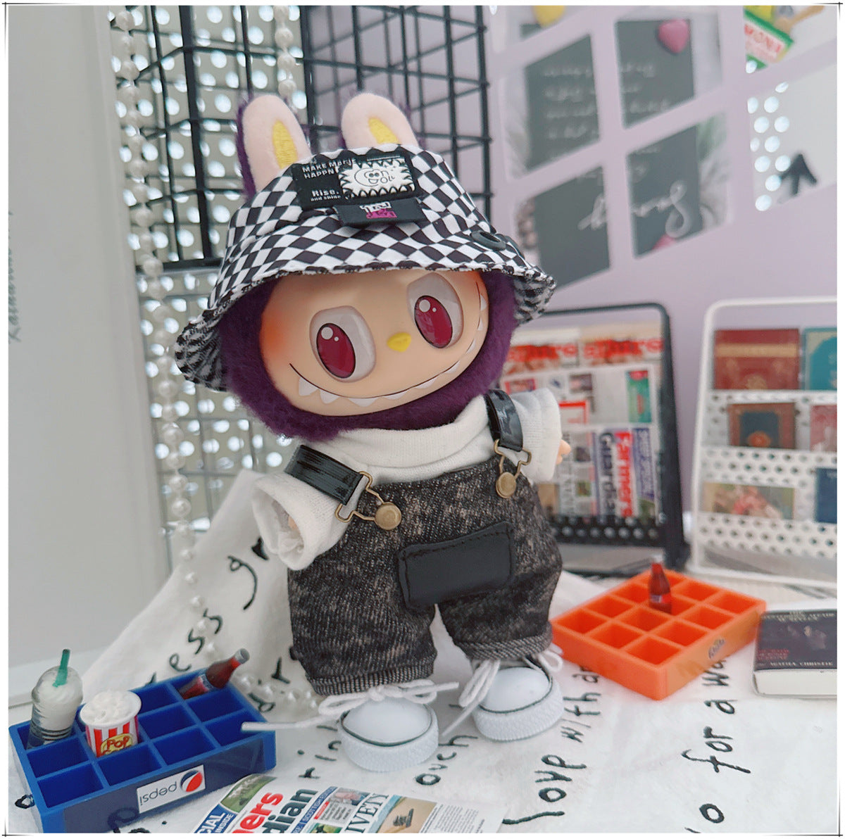 Labubu Doll Outfit - Stylish Denim Overalls & Checkered Bucket Hat for 17cm & 10cm Labubu