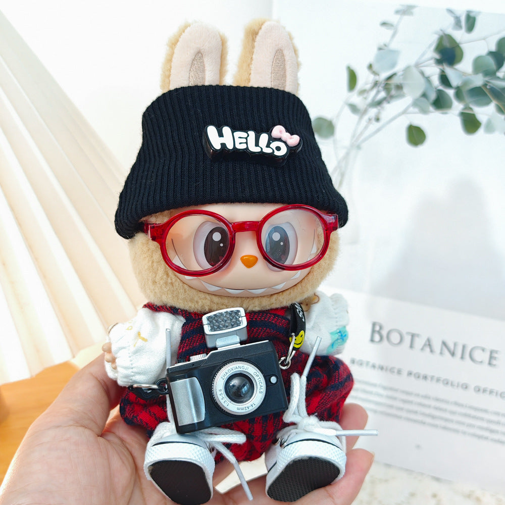 Labubu Doll Outfit - Red Plaid Overalls 3-Piece Set & Accessories