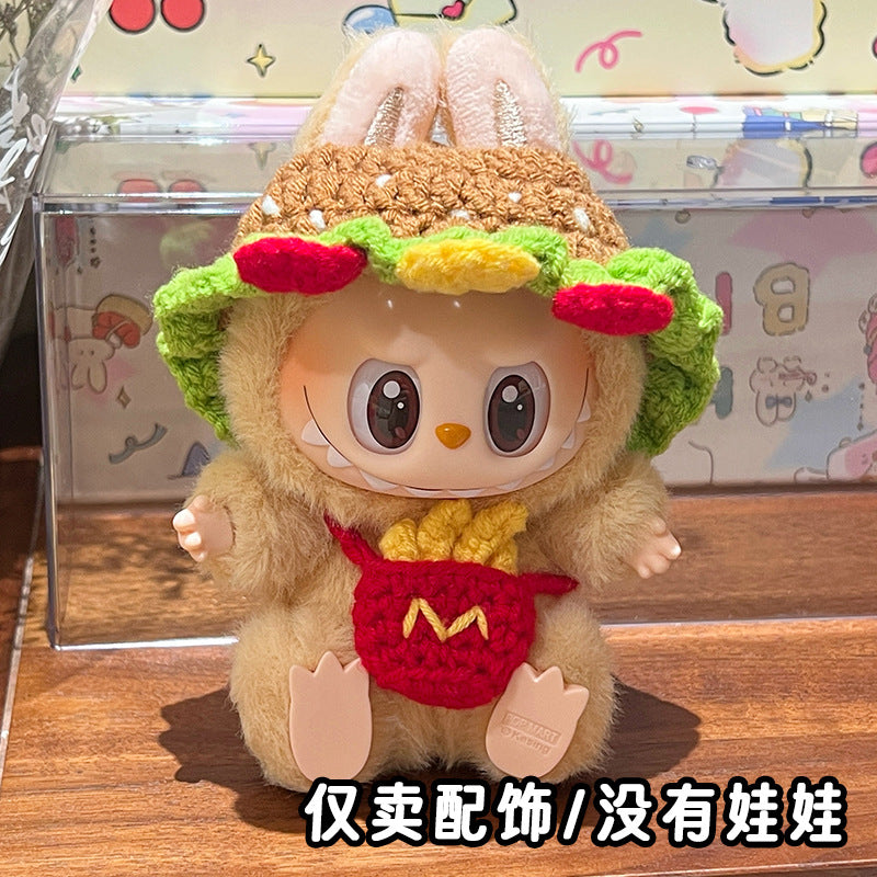 Labubu Burger Set Hat Saliva Towel Doll Bib Crossbody Bag Doll Hood Decorative Woven Baby Clothes