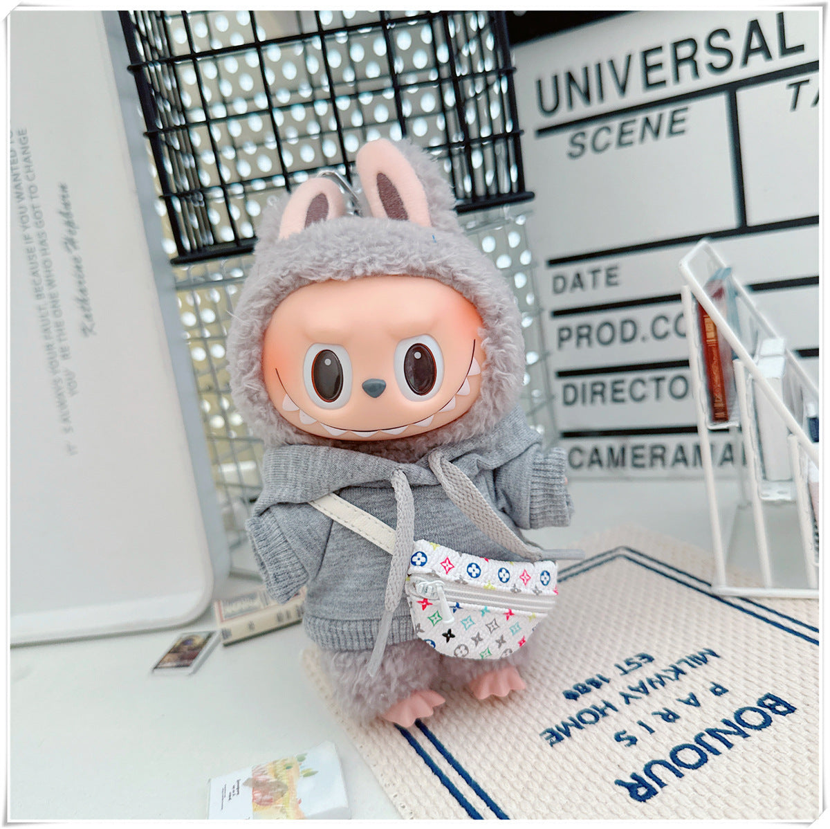 Labubu Doll Hooded Sweatshirt & Crossbody Bag Outfit for 10cm & 17cm Vinyl Dolls