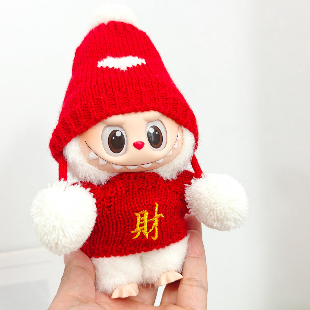 Labubu Doll New Year Red Sweater & Lucky Hat Outfit for 15-17cm Pendant Doll