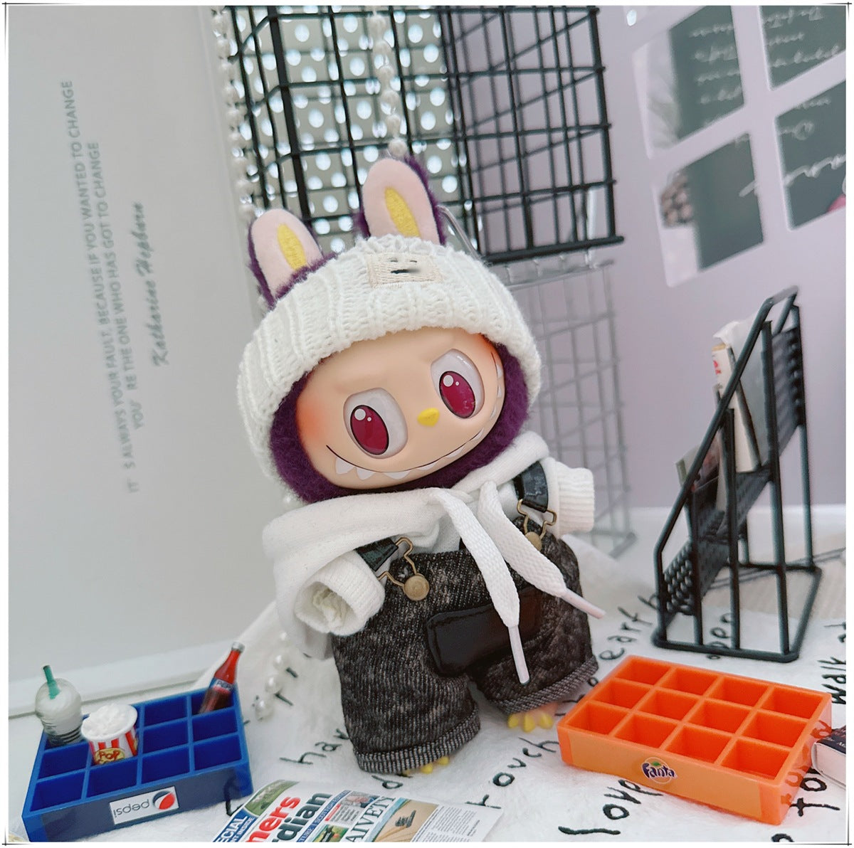 Labubu Doll Outfit - Stylish Denim Overalls & Checkered Bucket Hat for 17cm & 10cm Labubu