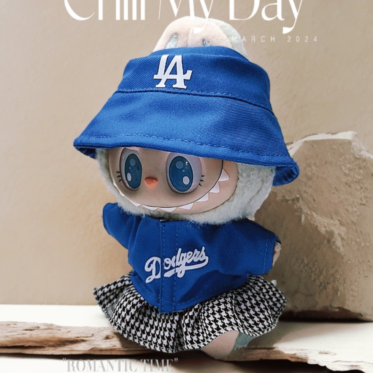 Labubu Doll Outfit Set - Blue Hat, T-Shirt & Plaid Skirt