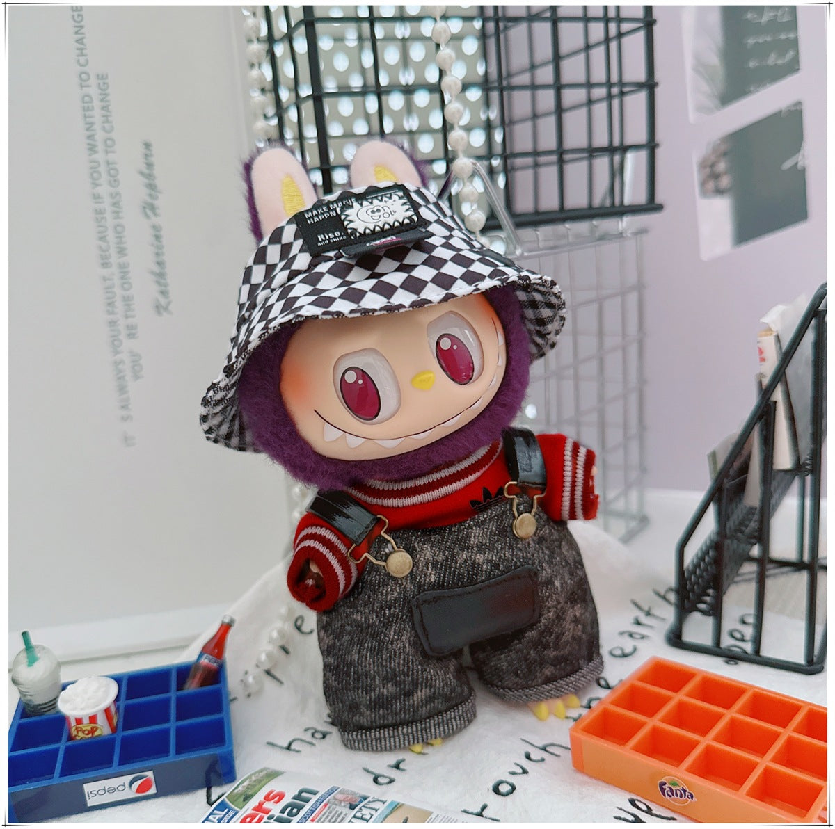 Labubu Doll Outfit - Stylish Denim Overalls & Checkered Bucket Hat for 17cm & 10cm Labubu