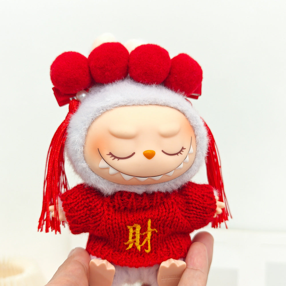 Labubu Doll New Year Red Sweater & Lucky Hat Outfit for 15-17cm Pendant Doll