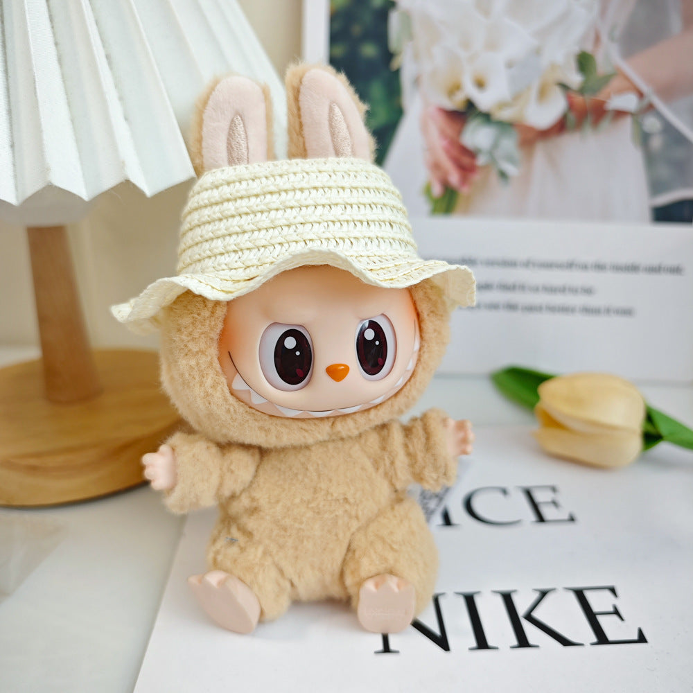 Labubu Doll Summer Outfit with Straw Hat & Accessories for 15cm Vinyl Doll