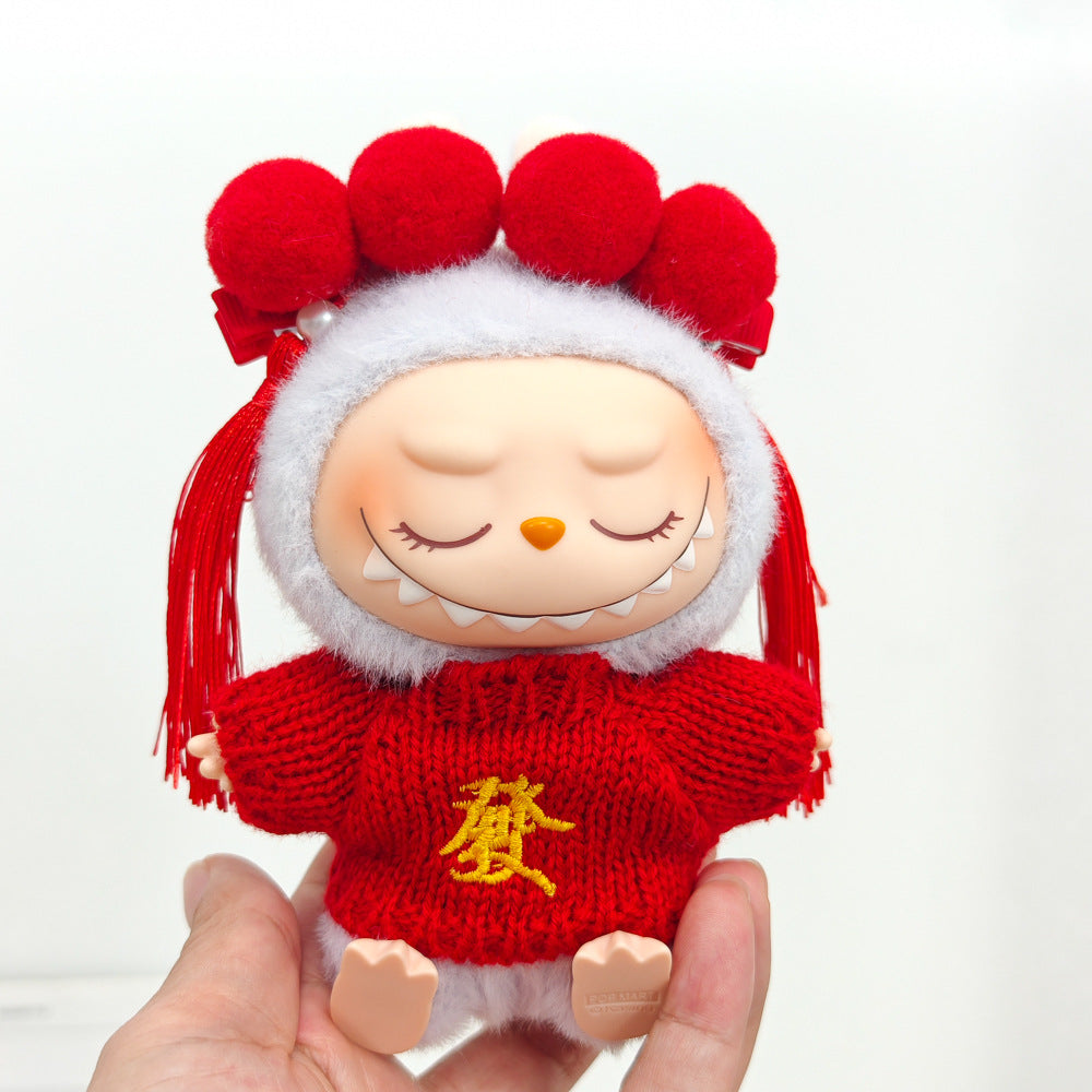 Labubu Doll New Year Red Sweater & Lucky Hat Outfit for 15-17cm Pendant Doll
