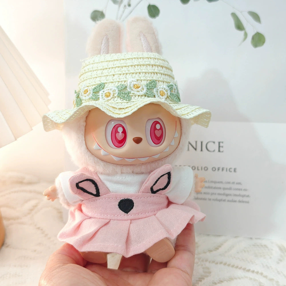 Labubu Doll Spring Outfit Set with Straw Hat & Accessories for 17cm Vinyl Doll