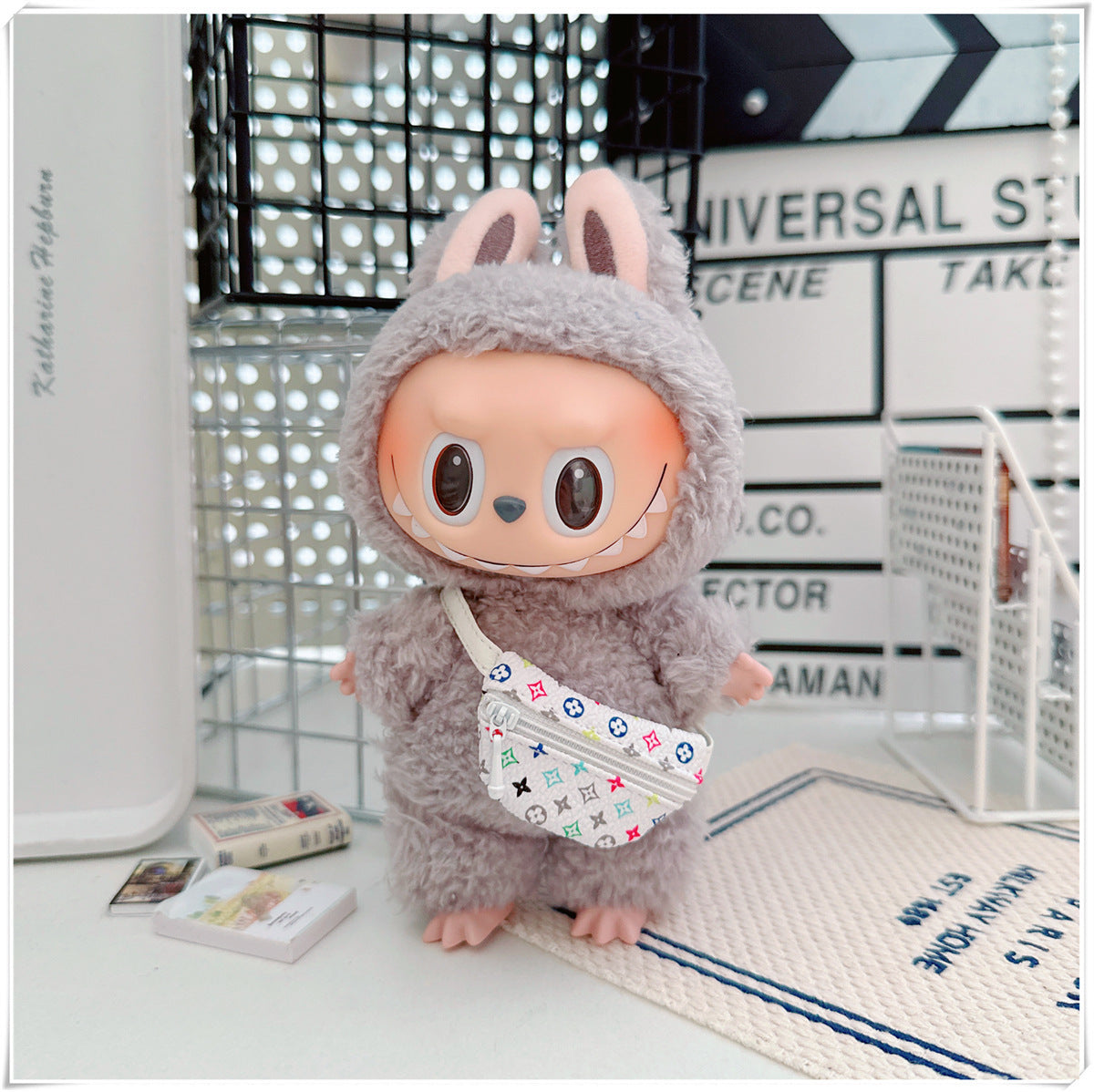 Labubu Doll Hooded Sweatshirt & Crossbody Bag Outfit for 10cm & 17cm Vinyl Dolls
