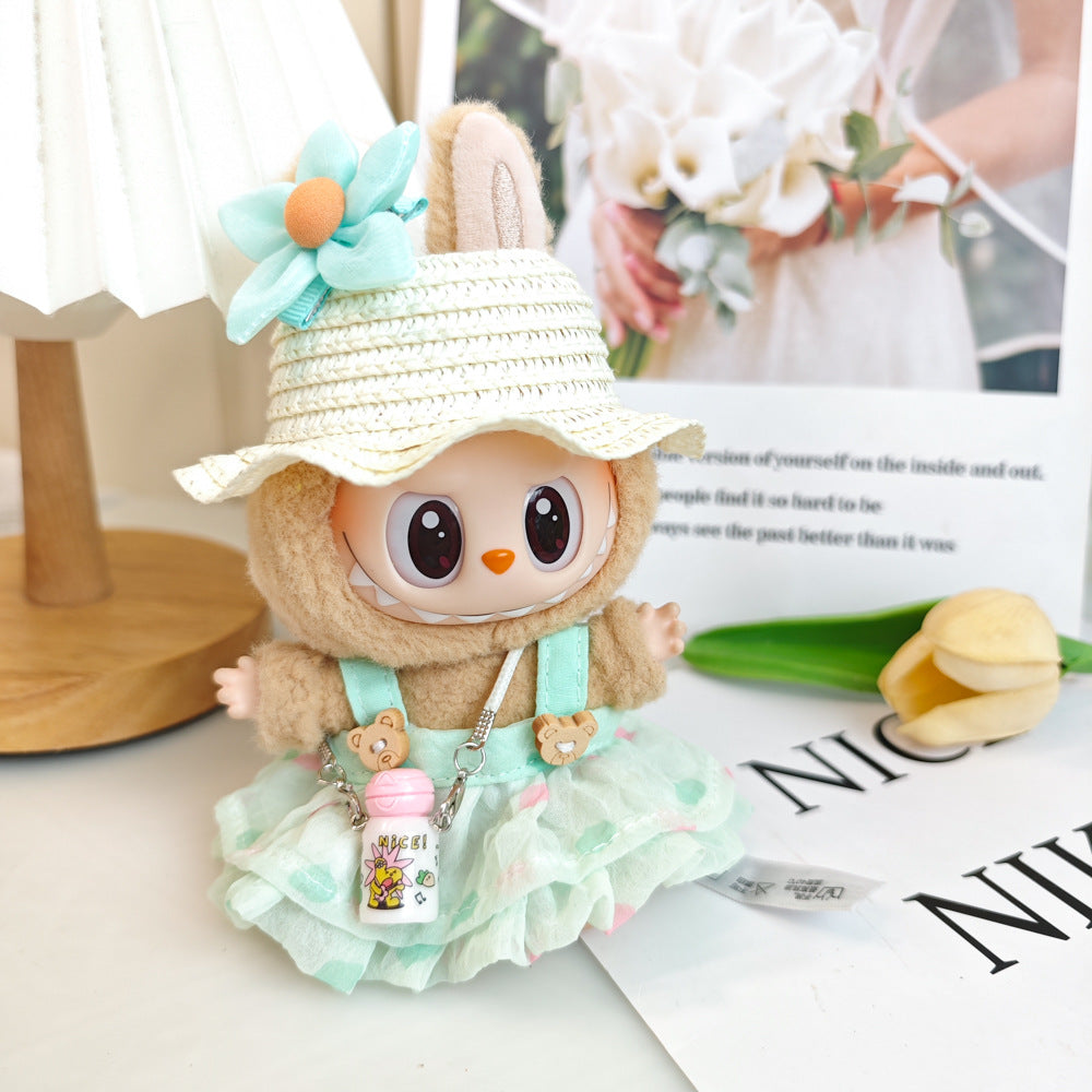 Labubu Doll Summer Outfit with Straw Hat & Accessories for 15cm Vinyl Doll