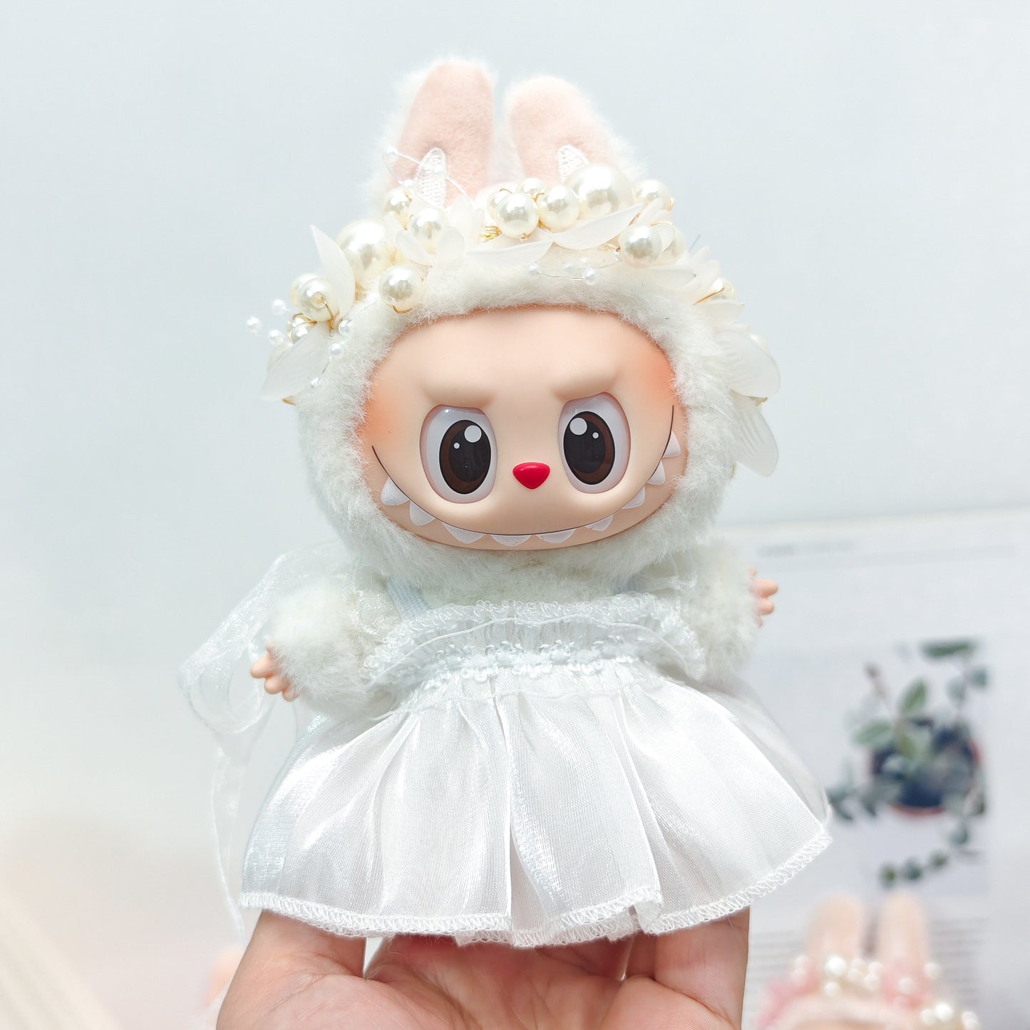 Labubu Doll Outfit - Pink, Purple, White Double Layer Gauze Skirt with Pearl Hair Accessories & Straw Hats