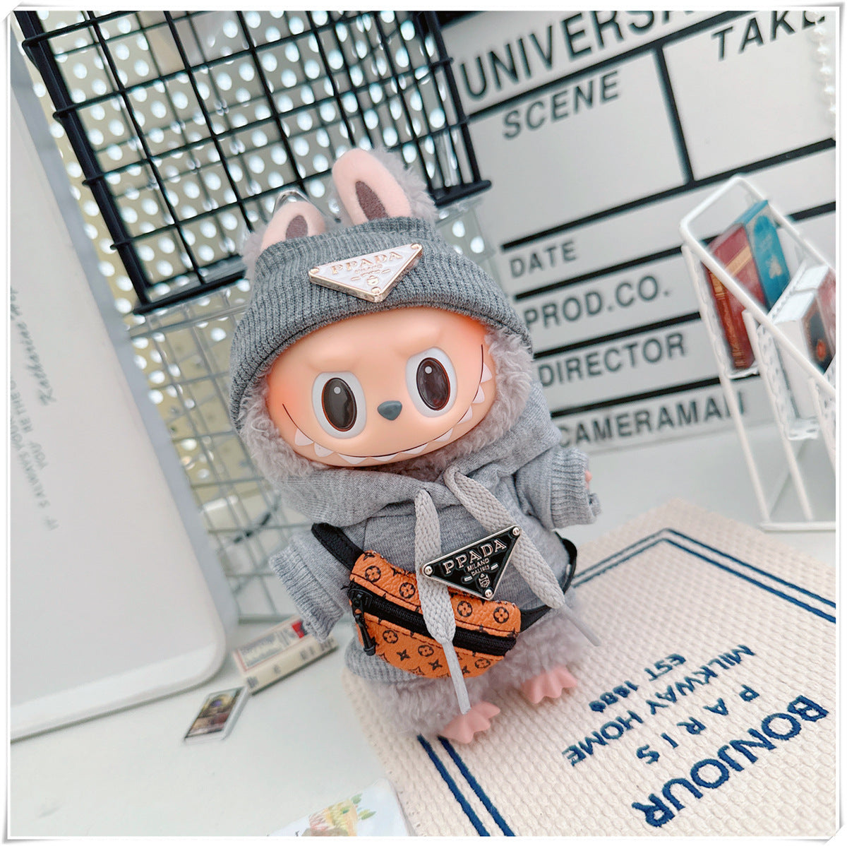 Labubu Doll Hooded Sweatshirt & Crossbody Bag Outfit for 10cm & 17cm Vinyl Dolls