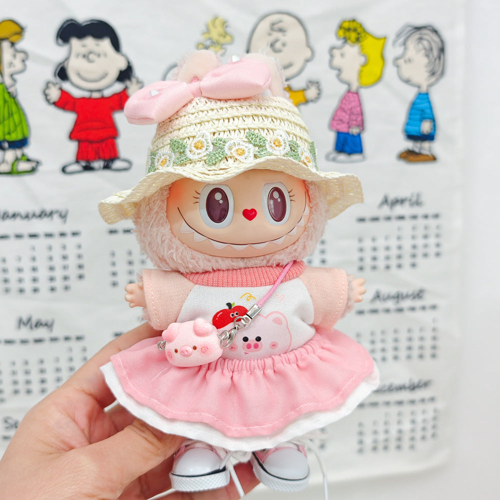 Labubu Doll Spring Outfit Set with Straw Hat & Accessories for 17cm Vinyl Doll