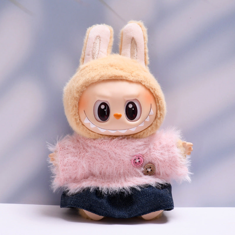 Labubu Doll Outfit - Furry Button Top & Denim Skirt/Jeans for 2nd Gen Pendant