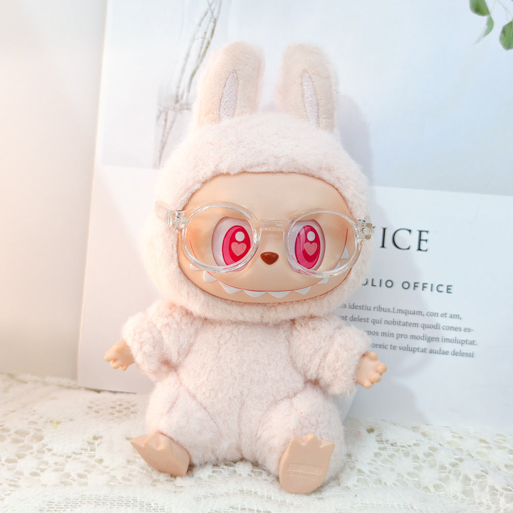 17cm Labubu Doll LABUBU Sit Party Second and Third Generation Vinyl Doll Clothes Plaid Shirt suit Hat