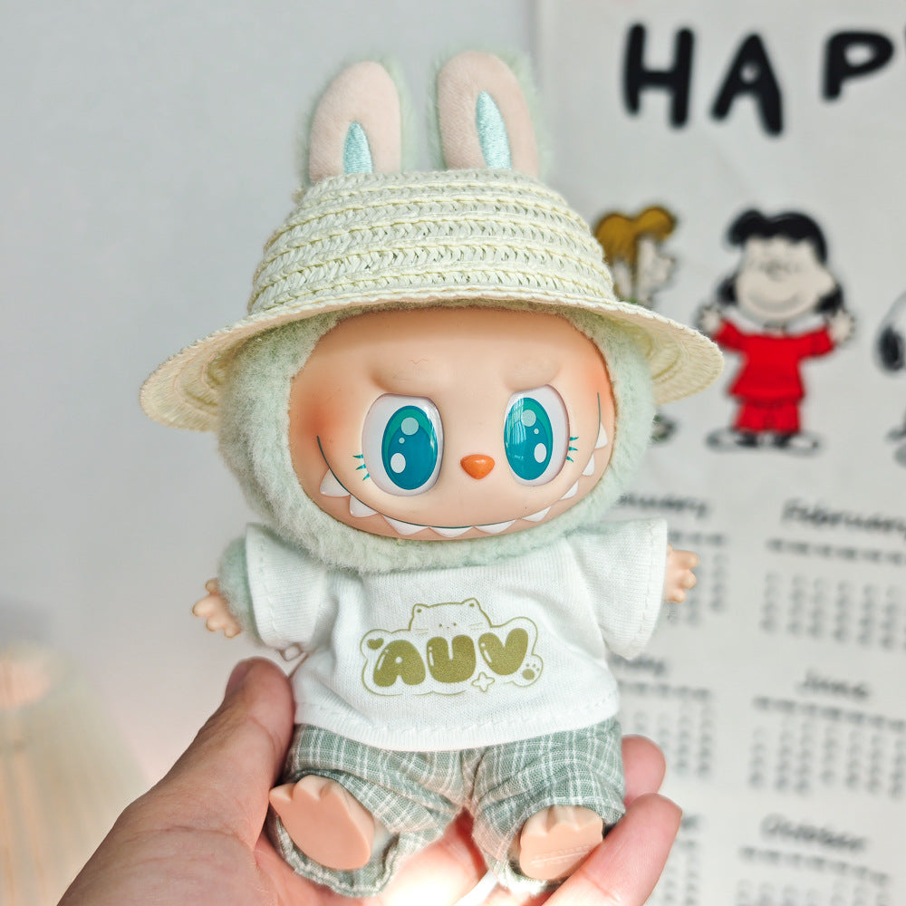 Labubu Doll Summer Outfit Set with Straw Hat & Canvas Shoes