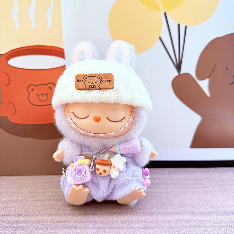 Labubu Doll Overalls Set with Baby Bottle & Hat - Cute Outfit for 1st & 2nd Gen