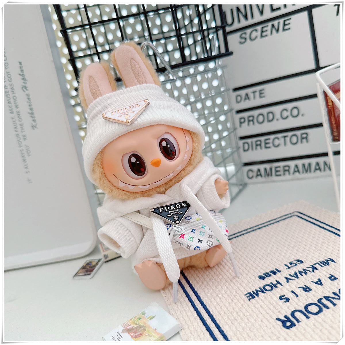 Labubu Doll Hooded Sweatshirt & Crossbody Bag Outfit for 10cm & 17cm Vinyl Dolls