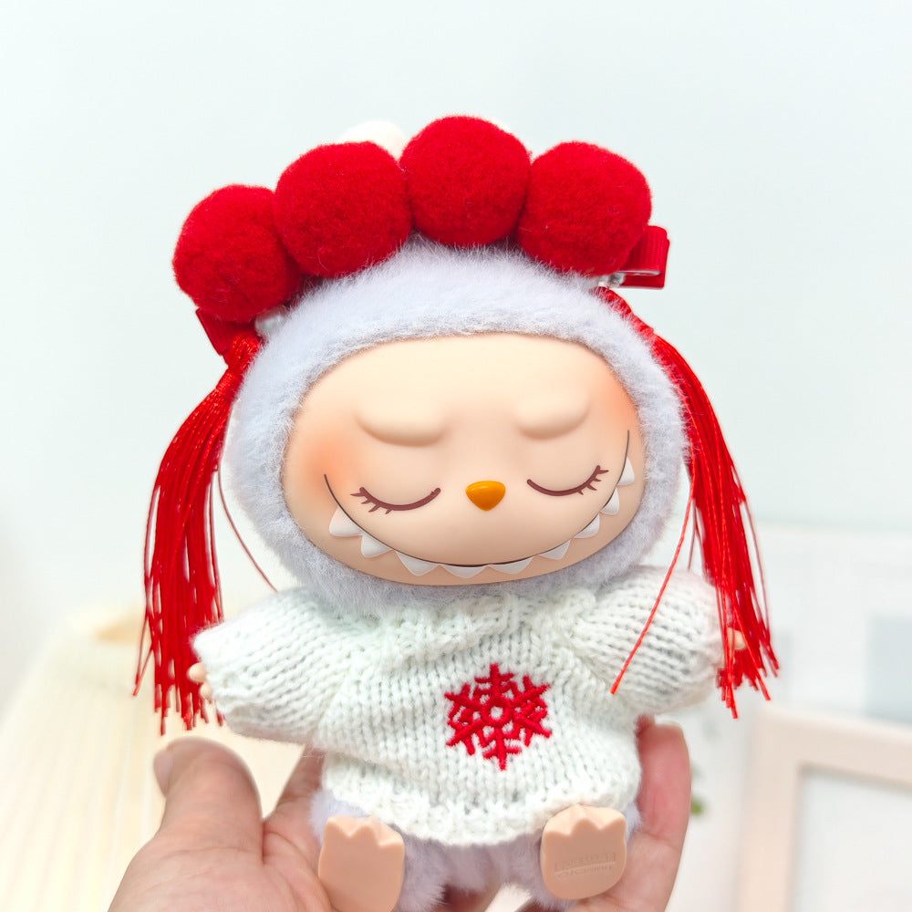 Labubu Doll New Year Red Sweater & Lucky Hat Outfit for 15-17cm Pendant Doll