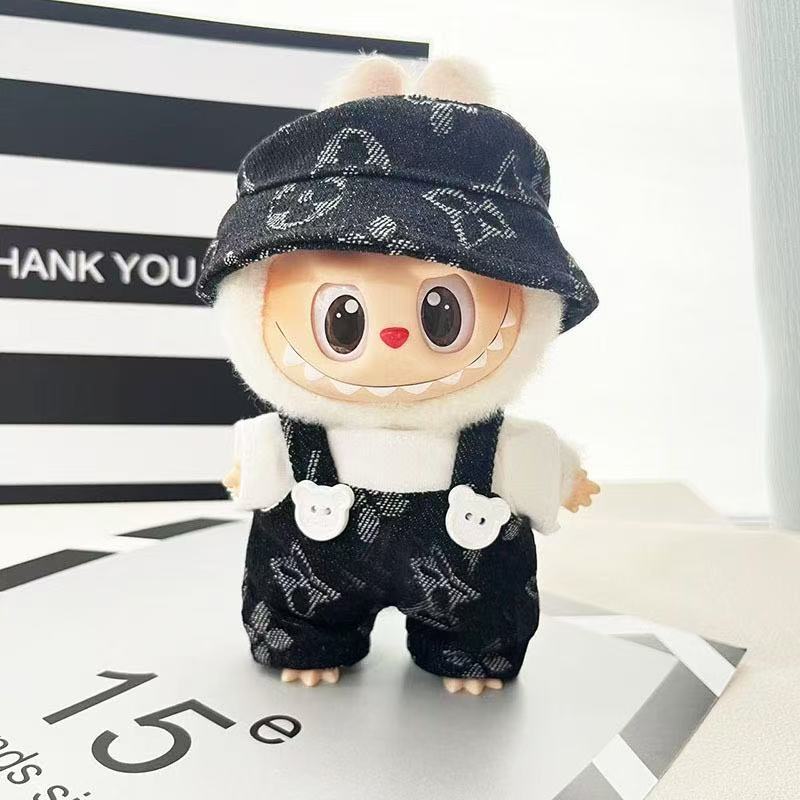 The first and second generation of labubu sit party doll clothes Denim four-leaf clover suit LABUBU wear for hat and suspenders