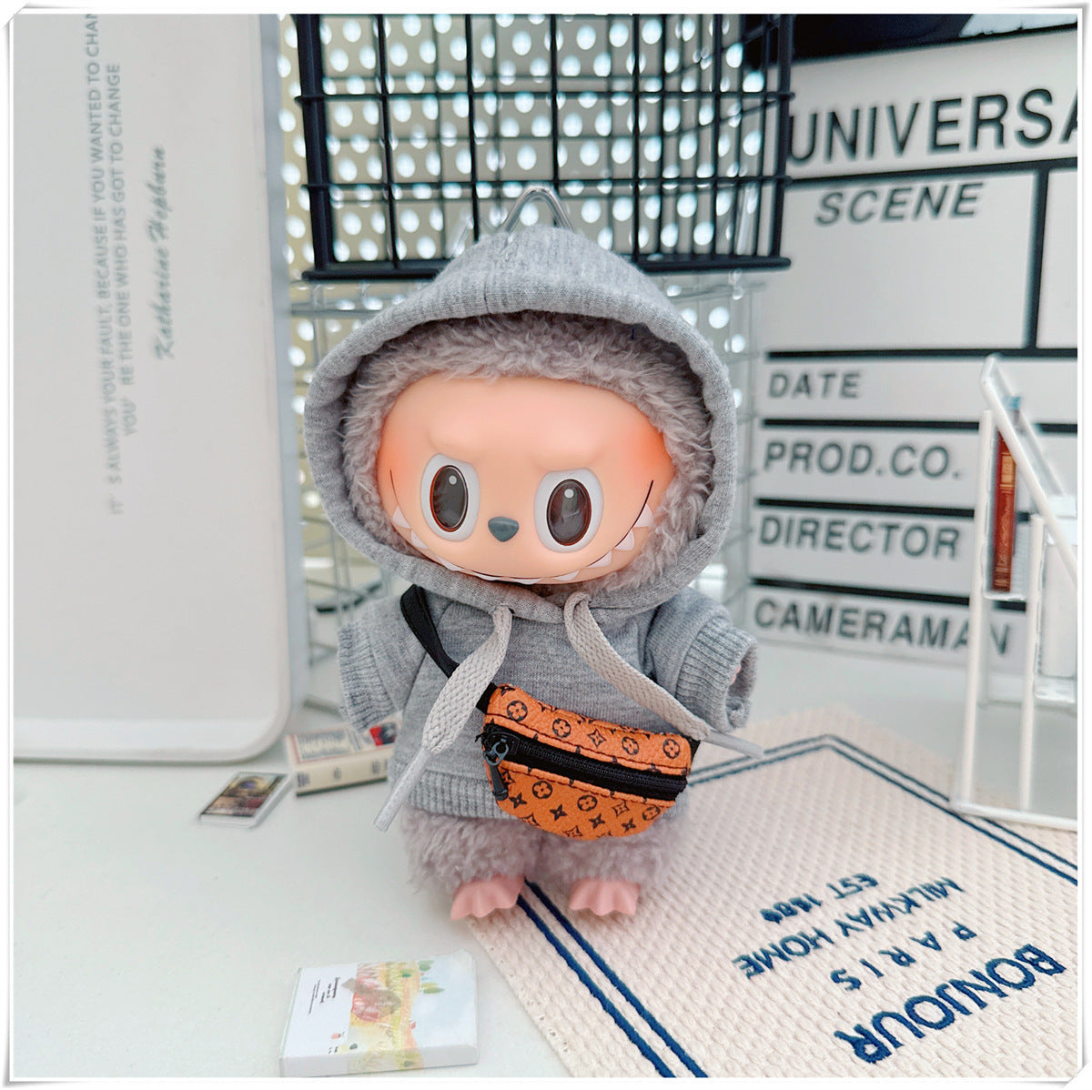 Labubu Doll Hooded Sweatshirt & Crossbody Bag Outfit for 10cm & 17cm Vinyl Dolls