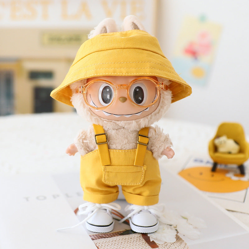 The first and second generation labubu sit party doll clothes the third generation cola vinyl blind box clothes fisherman hat suspenders pants suit