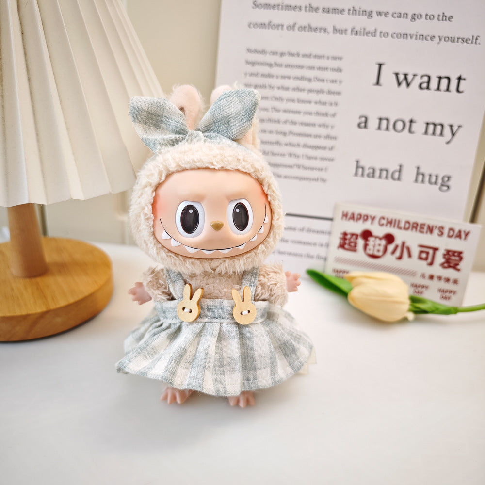 Labubu Doll Outfit - 17cm Plaid Suspenders Skirt & Headband Set