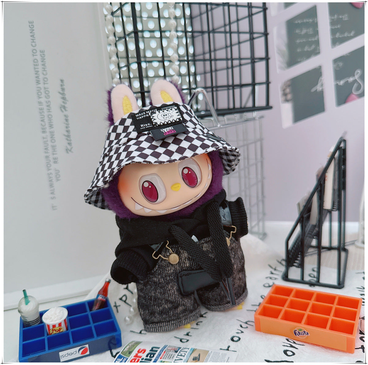 Labubu Doll Outfit - Stylish Denim Overalls & Checkered Bucket Hat for 17cm & 10cm Labubu