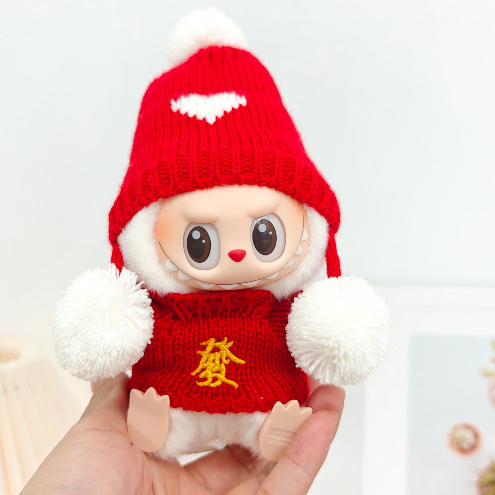 Labubu Doll New Year Red Sweater & Lucky Hat Outfit for 15-17cm Pendant Doll