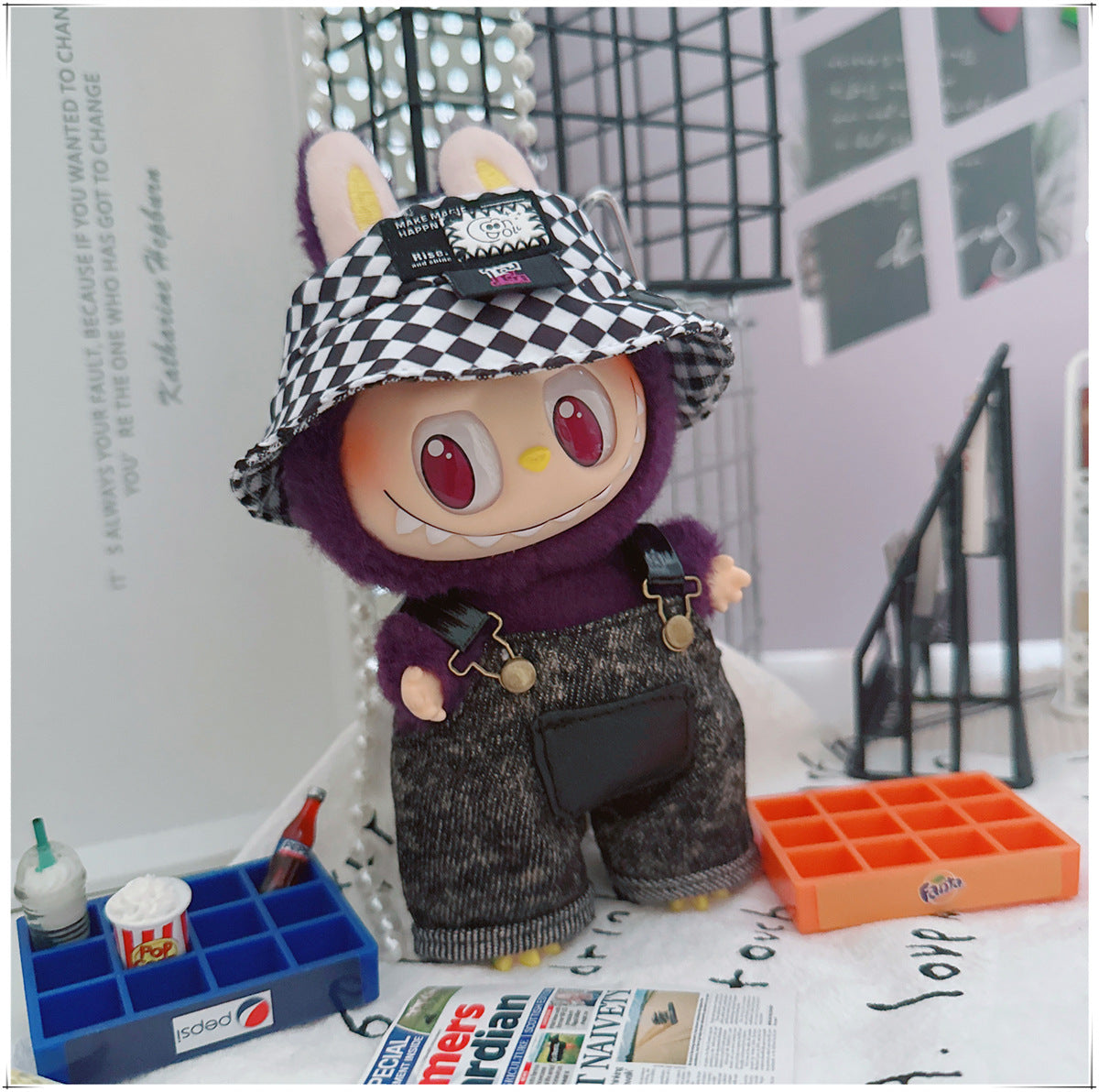 Labubu Doll Outfit - Stylish Denim Overalls & Checkered Bucket Hat for 17cm & 10cm Labubu