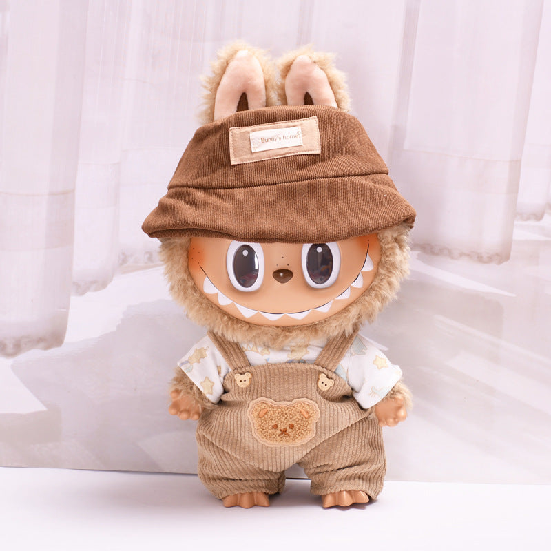Labubu Doll Outfit - Grey Striped T-Shirt & Brown Bear Suspenders for 38cm Doll