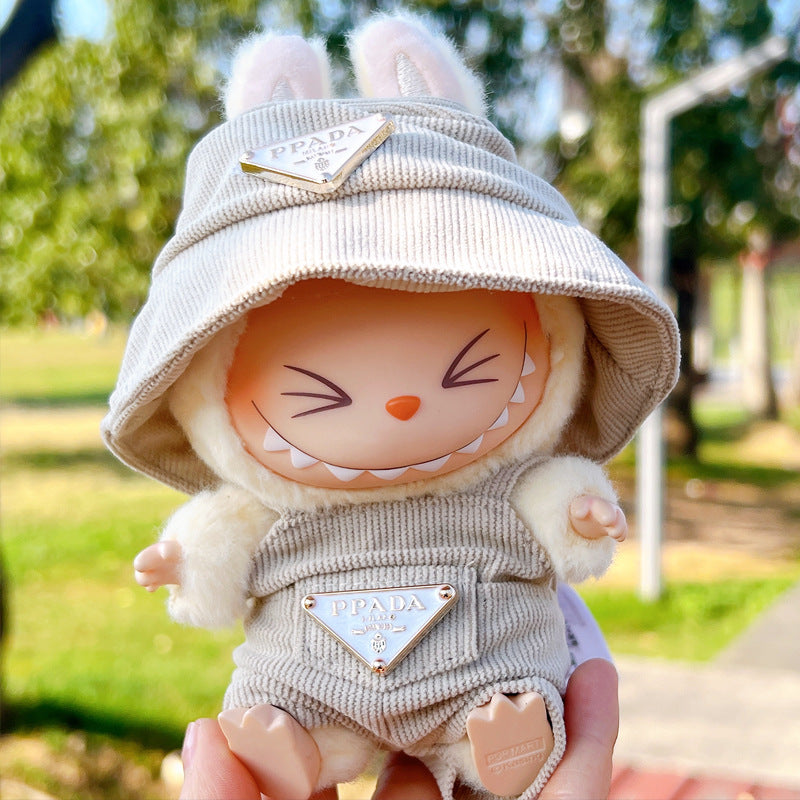 17cm Labubu First and Second Generation Labubu Sitting Party Vinyl Doll Big Brand Overalls Hat Set Replacement