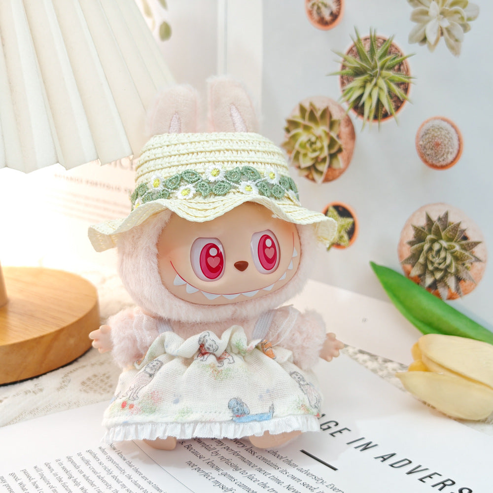 Labubu Doll Floral Dress & Straw Hat Outfit for 1st & 2nd Gen Pendants