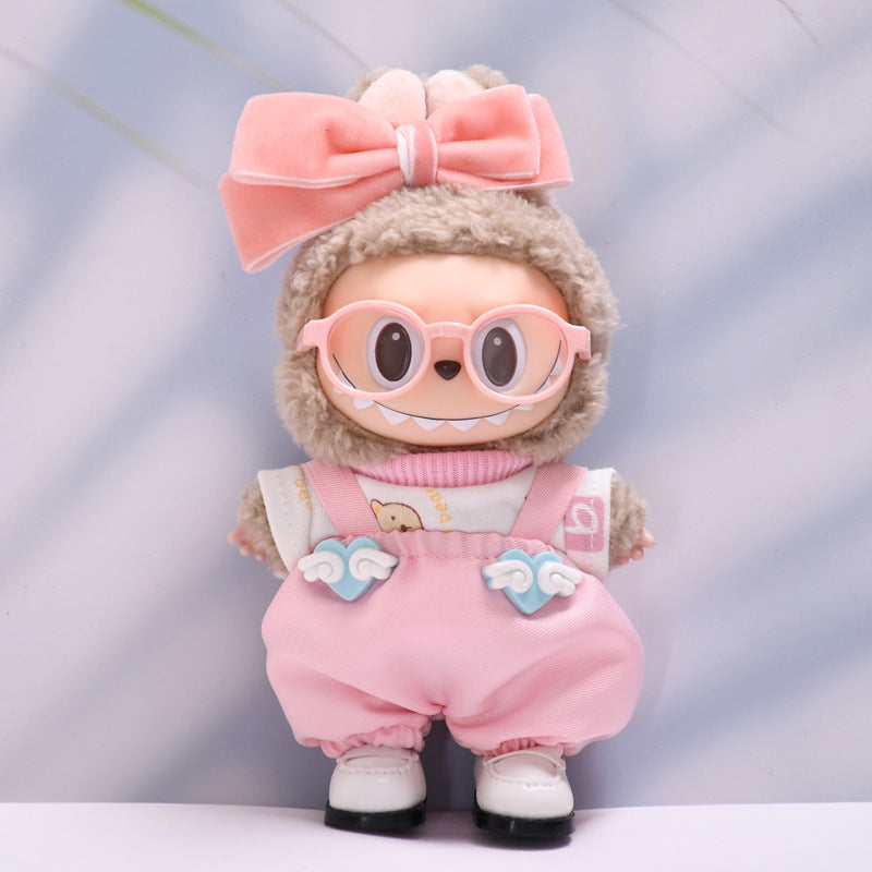 Labubu Doll Love Cloud Overalls Suit with Pink Glasses & White Shoes
